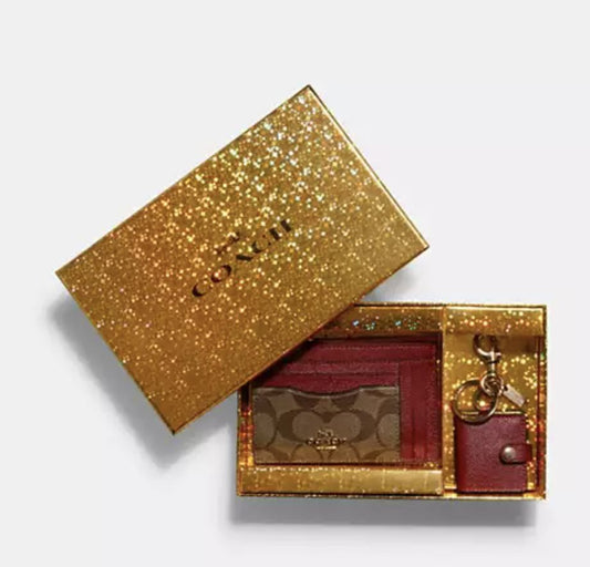 ORIG & IMPORTED COACH Boxed Skinny Id Case And Picture Bag Charm Set In Signature Canvas Brown/Red