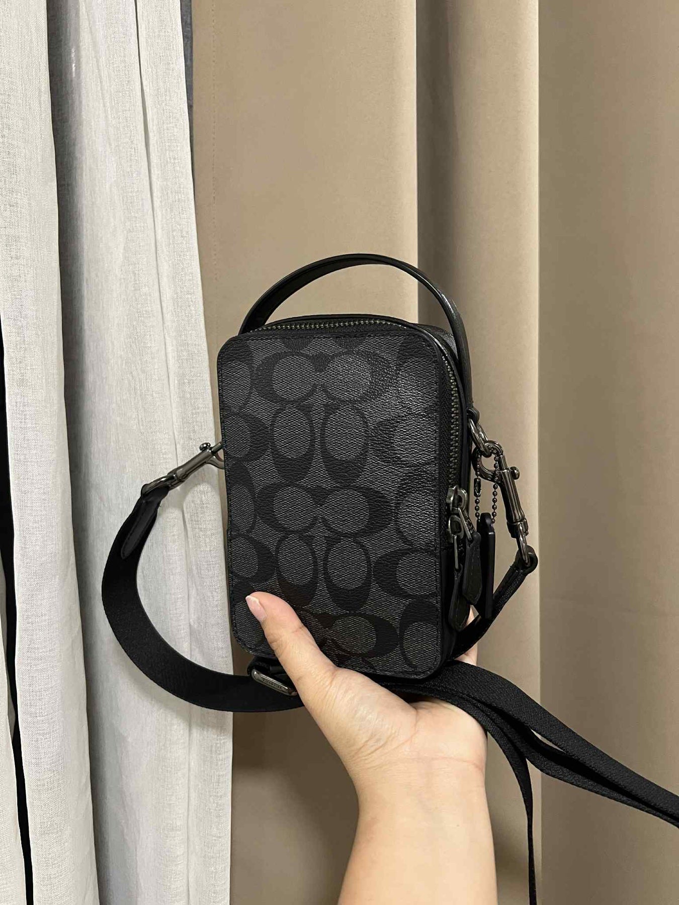 ORIG Preloved Coach Top Handle Crossbody In Signature Canvas Men Black Small Bag