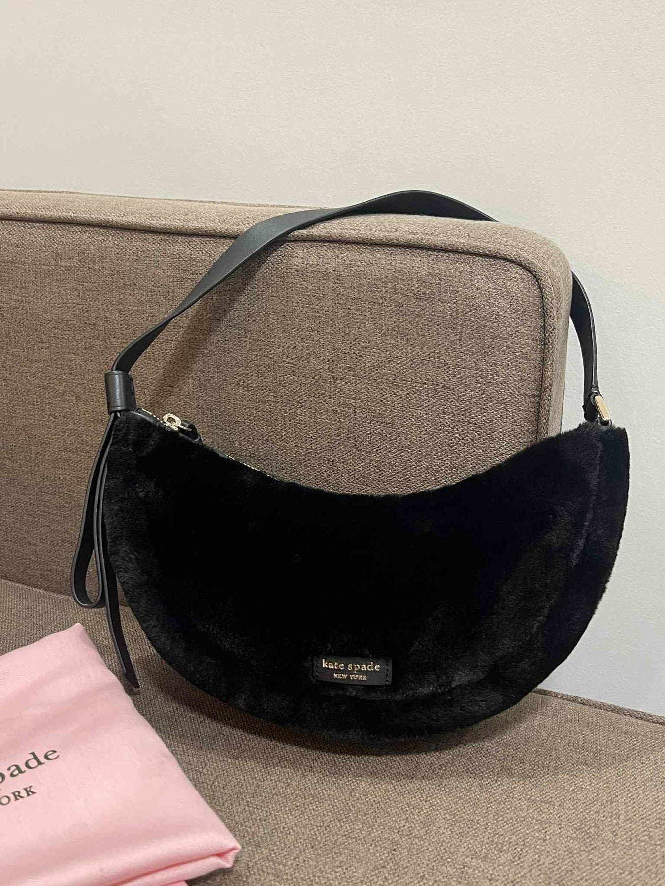 ORIG Preloved Kate Spade KS Smile Faux-fur Small Shoulder Bag Black