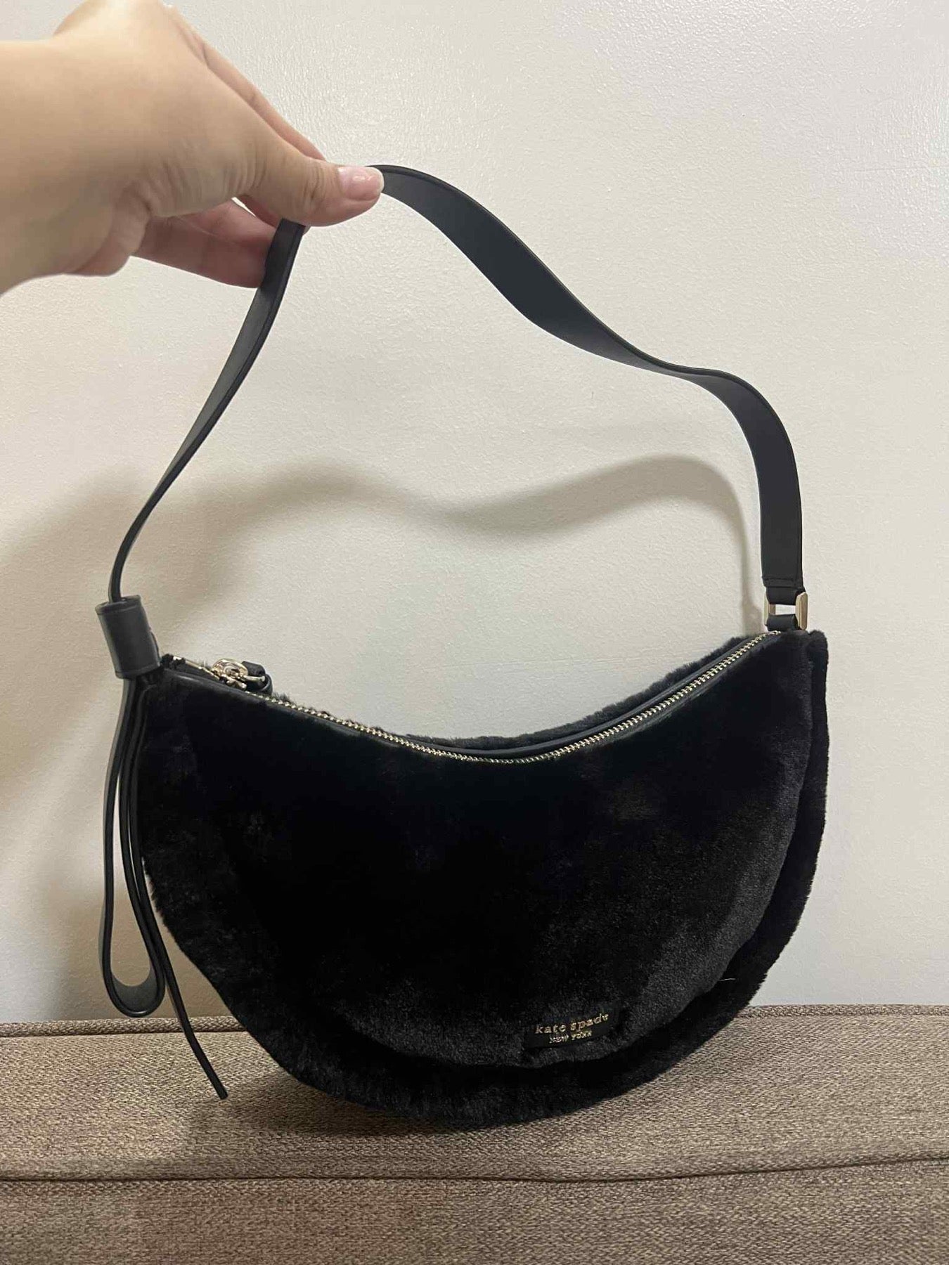 ORIG Preloved Kate Spade KS Smile Faux-fur Small Shoulder Bag Black