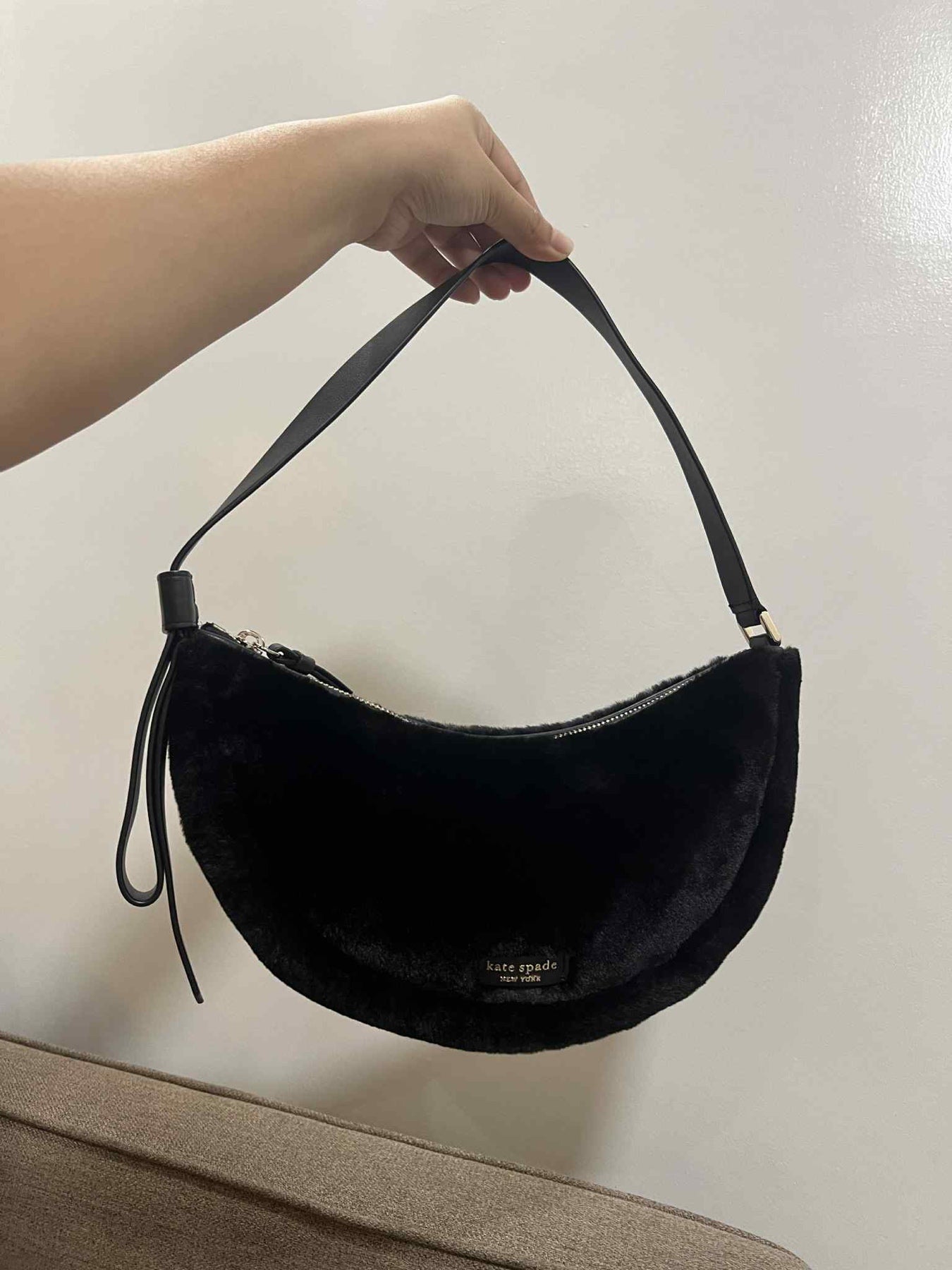 ORIG Preloved Kate Spade KS Smile Faux-fur Small Shoulder Bag Black