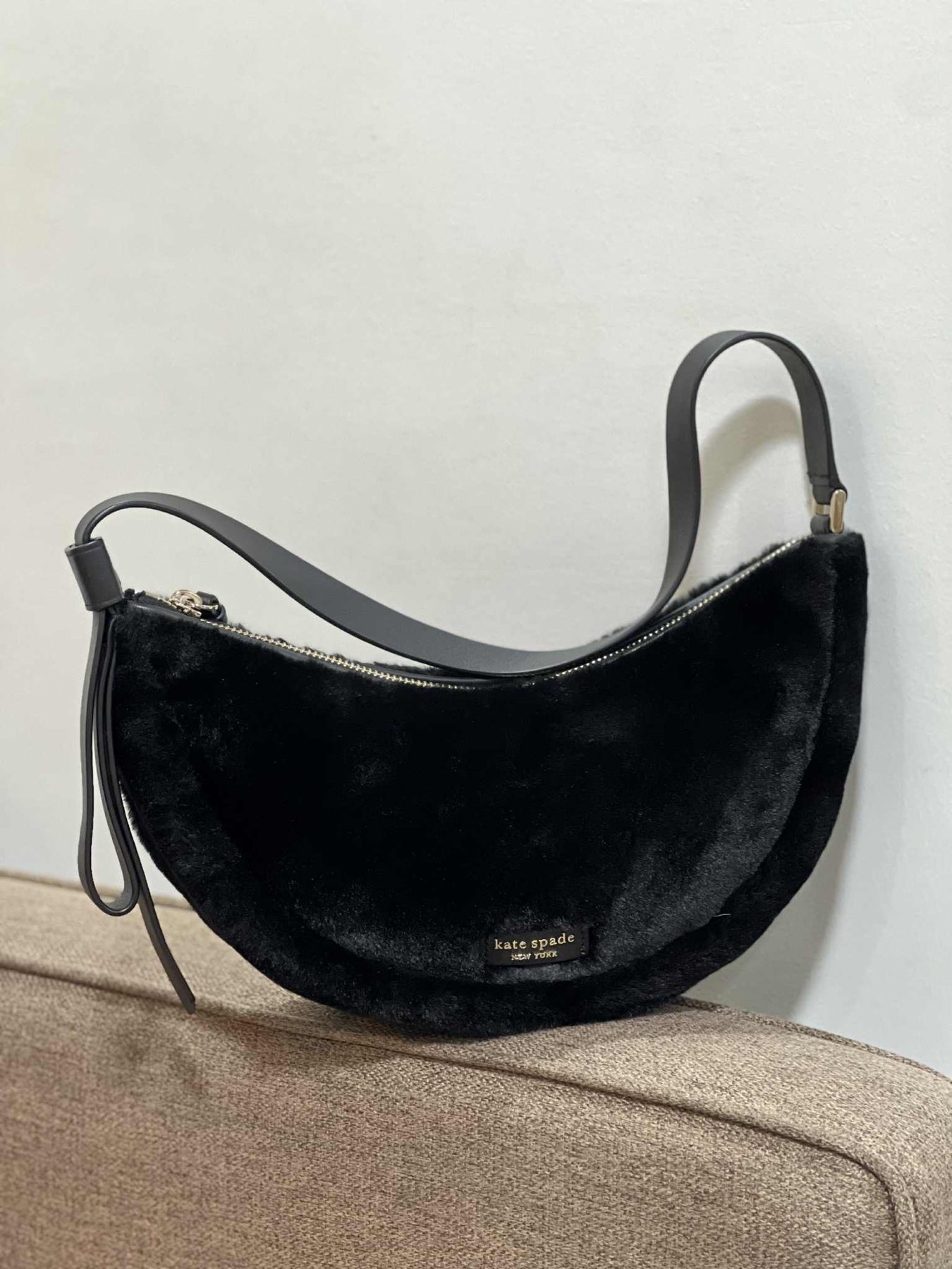ORIG Preloved Kate Spade KS Smile Faux-fur Small Shoulder Bag Black