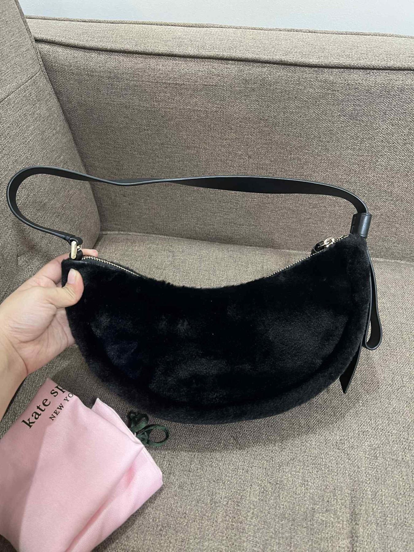 ORIG Preloved Kate Spade KS Smile Faux-fur Small Shoulder Bag Black
