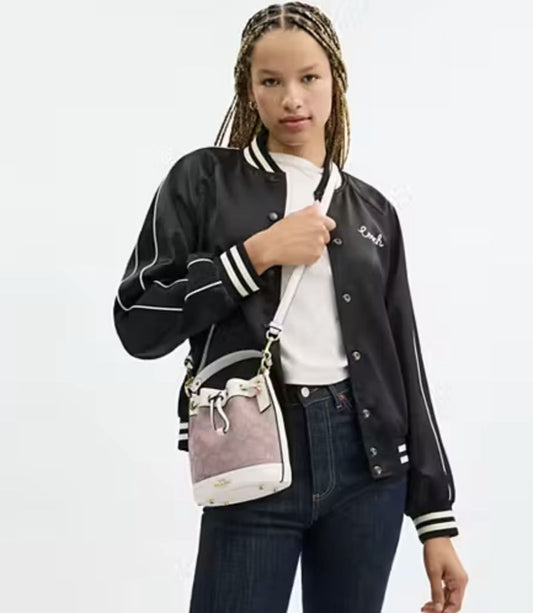 ORIG & IMPORTED COACH Dempsey Drawstring Bucket Pink Small Bag 15 in Signature Jacquard