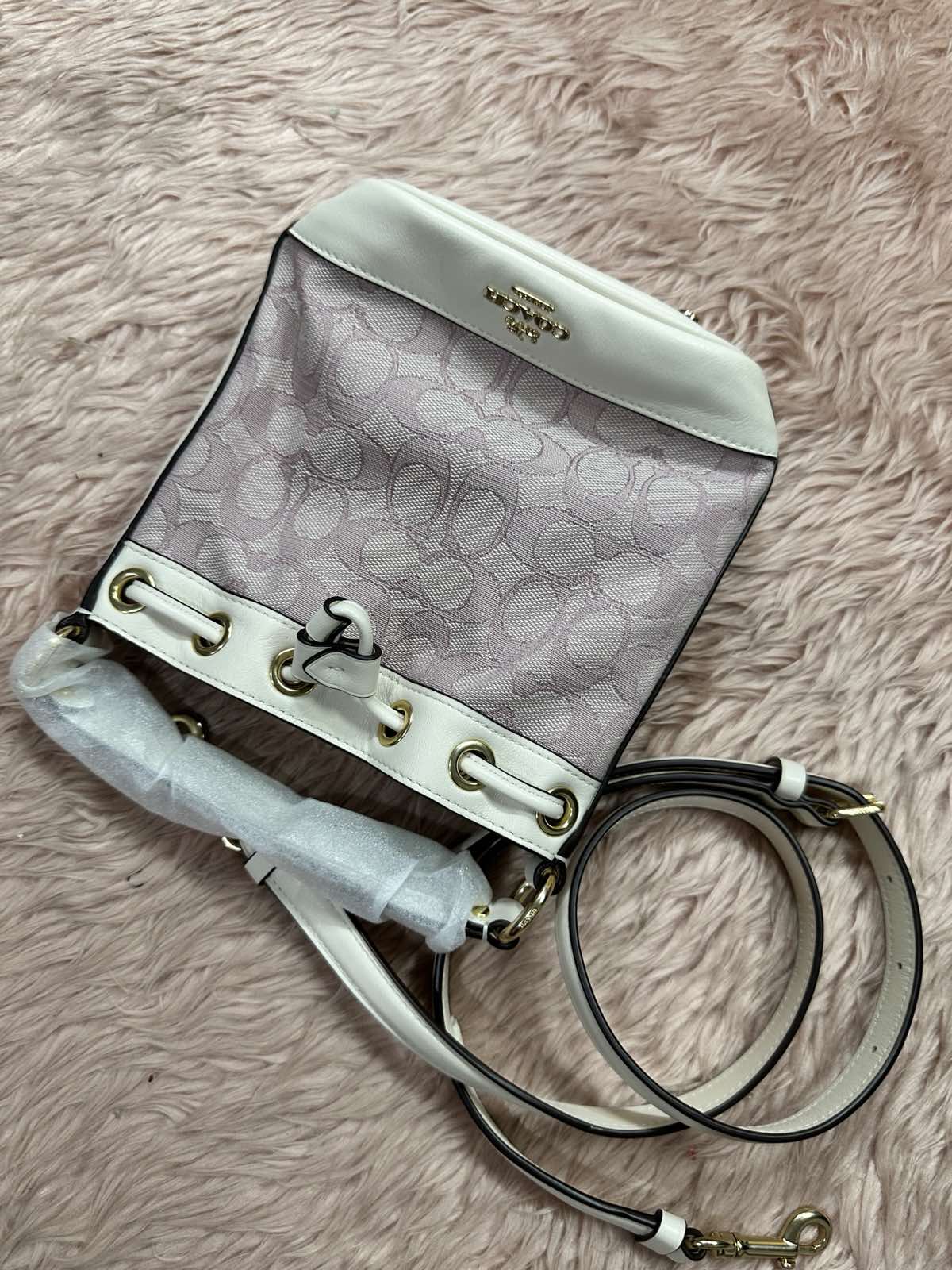 ORIG & IMPORTED COACH Dempsey Drawstring Bucket Pink Small Bag 15 in Signature Jacquard