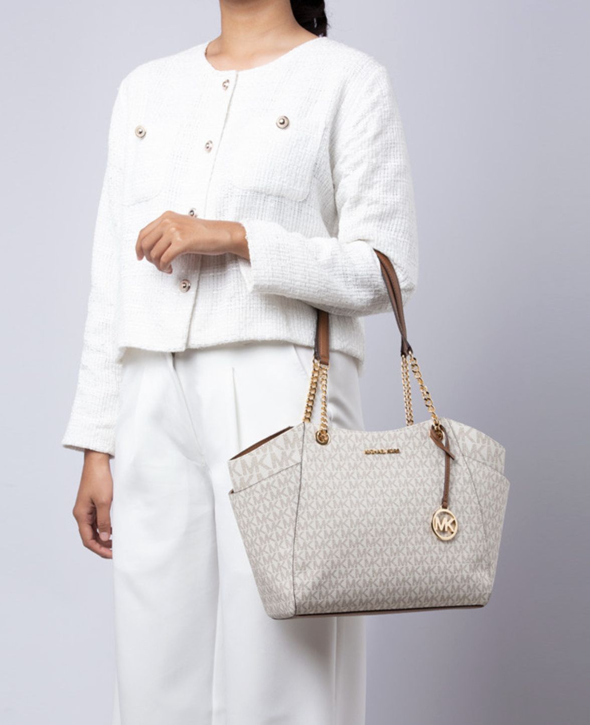 ORIG & IMPORTED Michael Kors Jet Set Large White Signature Logo Tote Bag