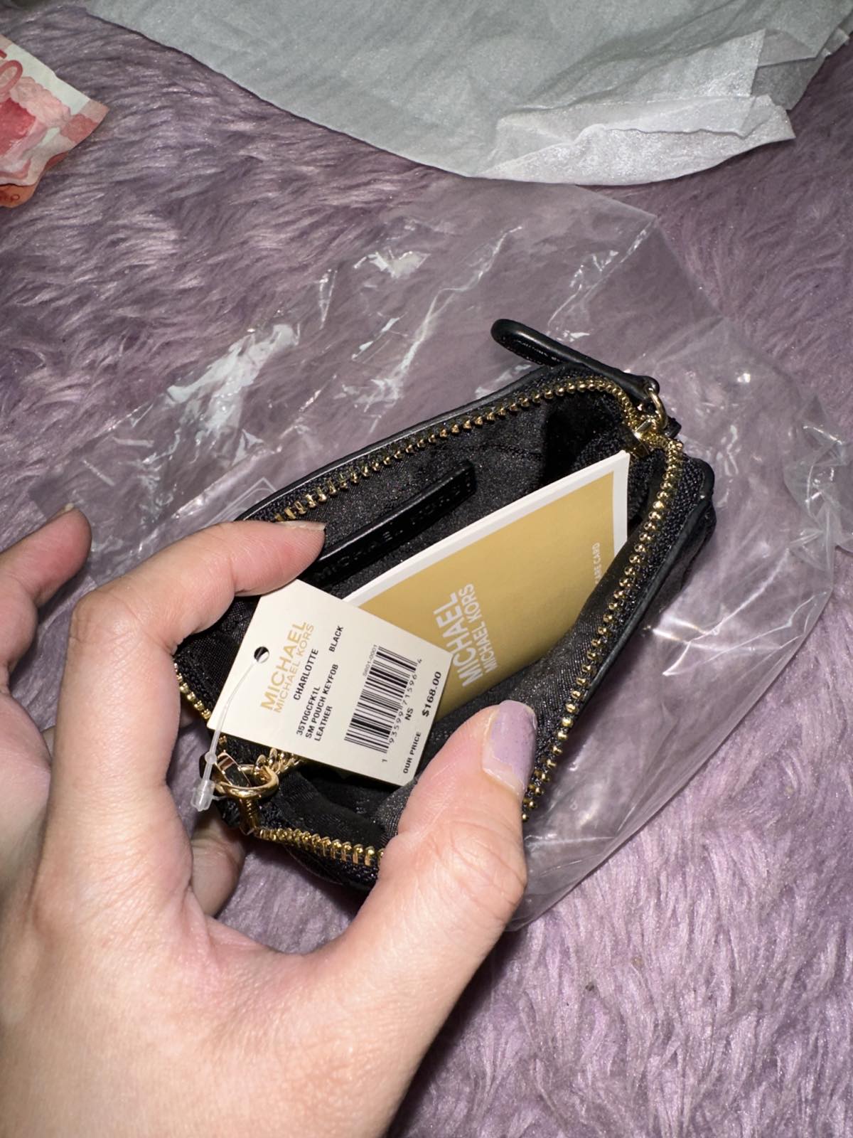 ORIG & IMPORTED Michael Kors Charlotte Small Pouch Key Fob Black Wallet Coin Purse