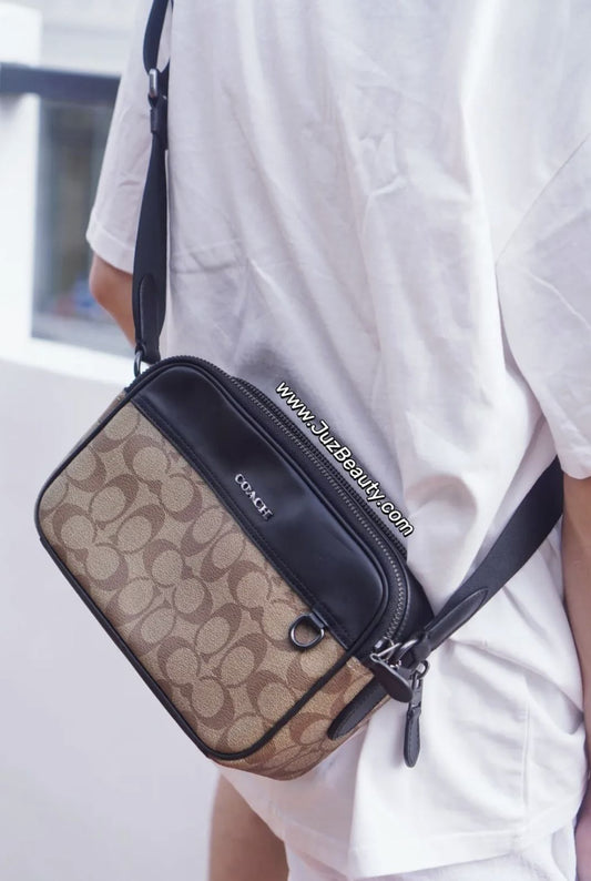 ORIG Preloved Coach Graham Crossbody In Signature Canvas Khaki Black Men Bag