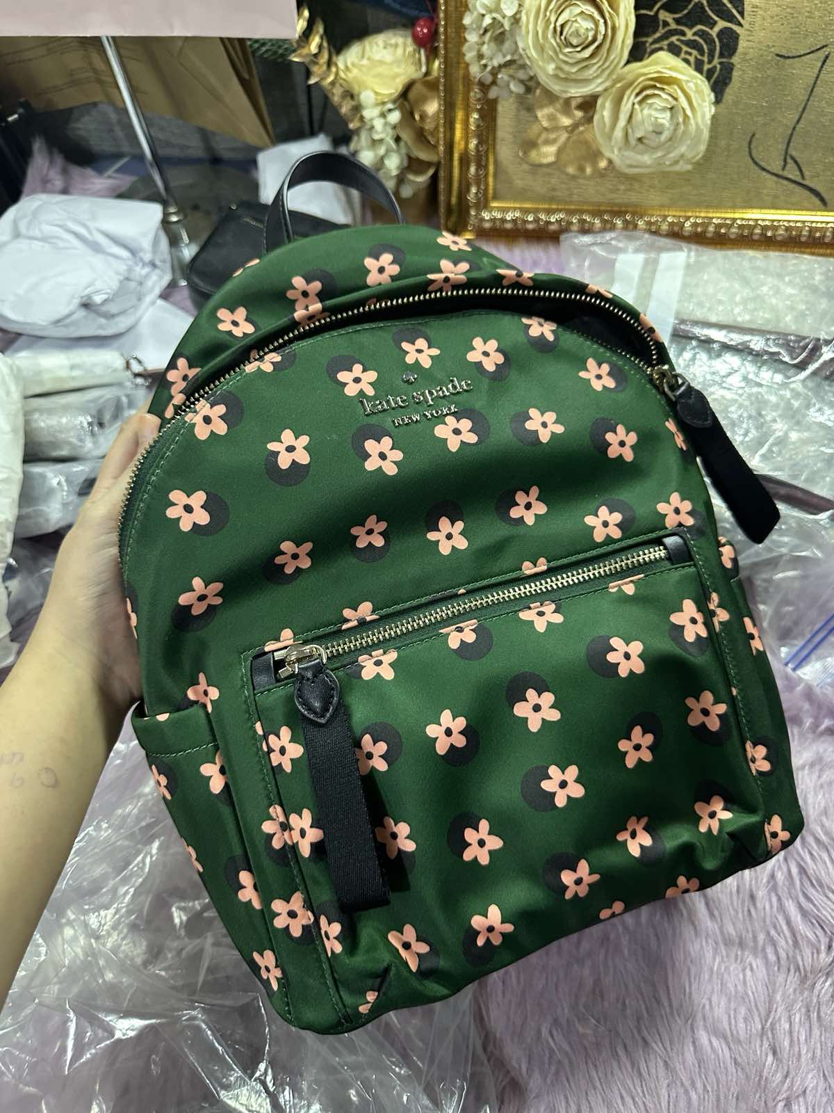 ORIG Preloved KateSpade Chelsea Nylon Green Floral Medium Bag