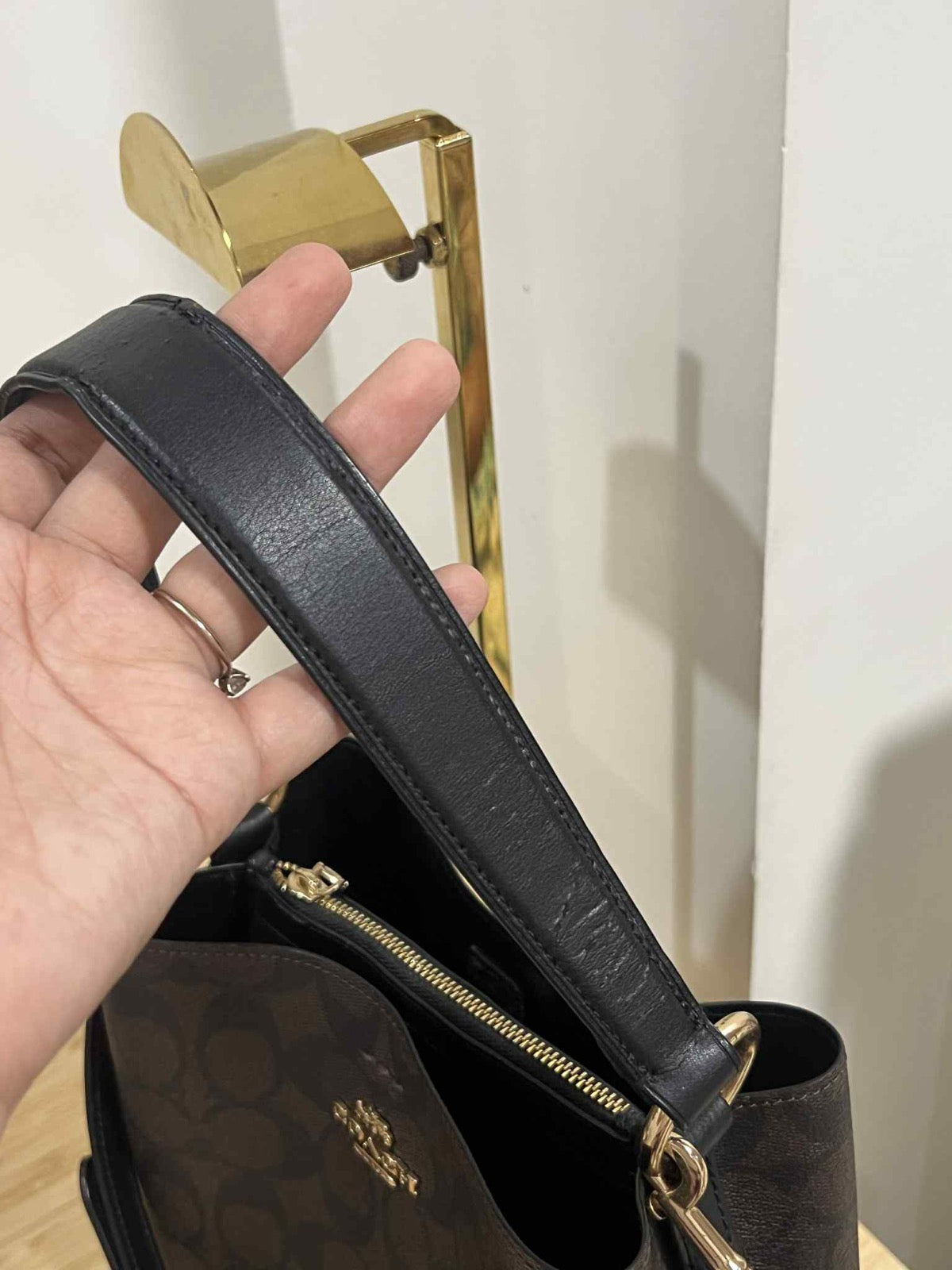 ORIG Preloved Coach Small Town Bucket Bag In Signature Canvas Brown Black