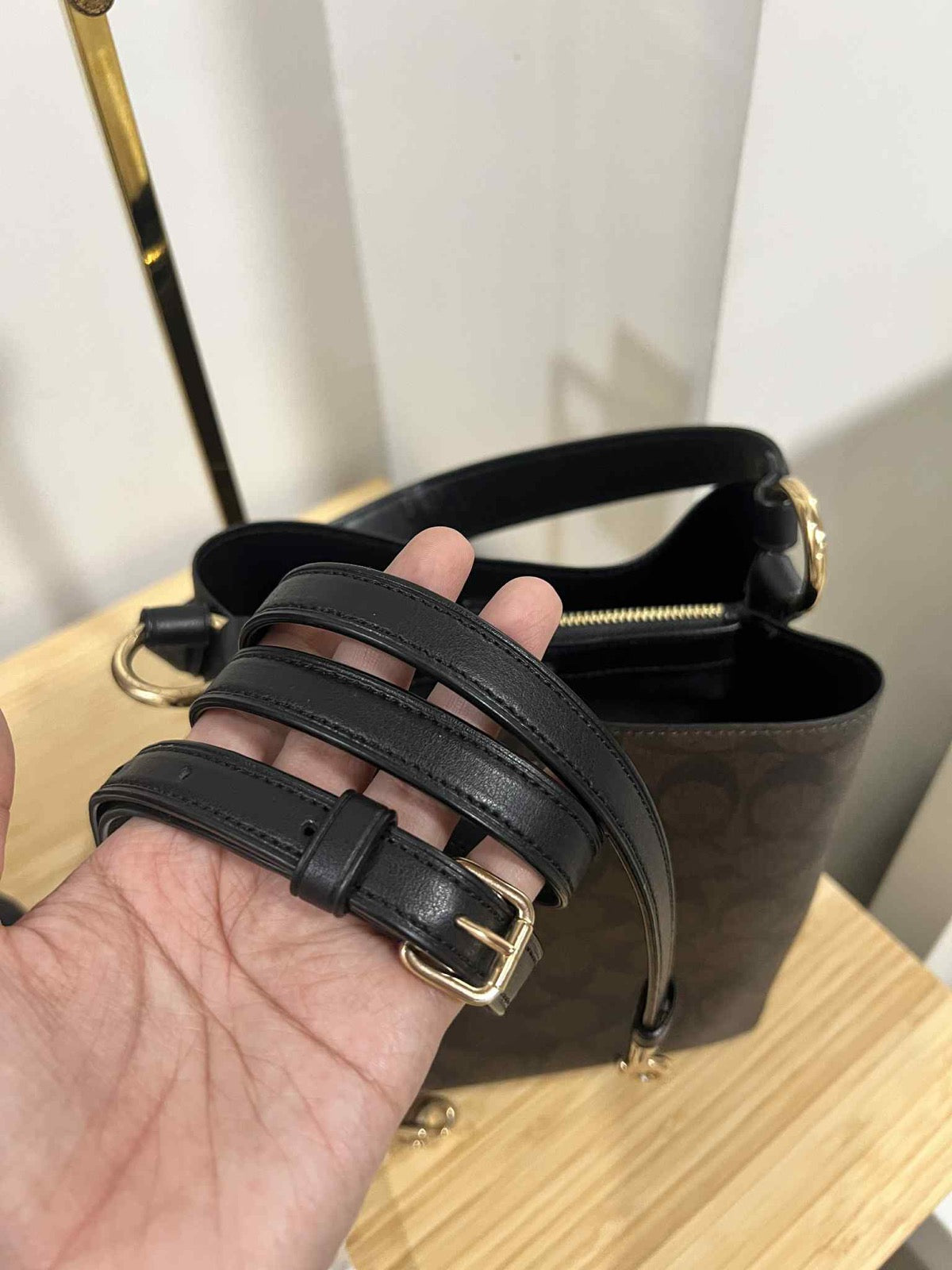 ORIG Preloved Coach Small Town Bucket Bag In Signature Canvas Brown Black