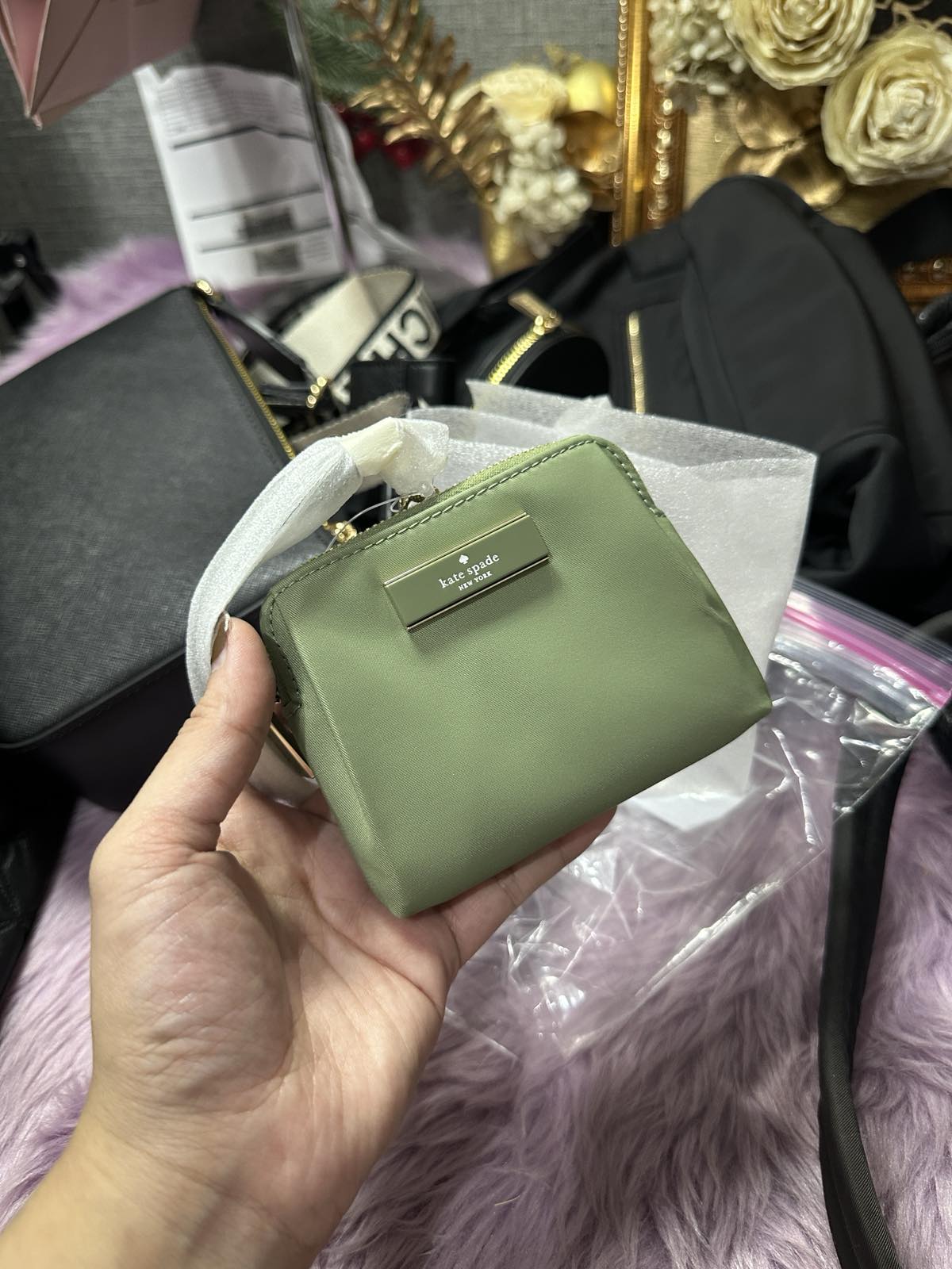 ORIG & IMPORTED KateSpade KS Carter Nylon Card Case Lanyard Green Small Wallet