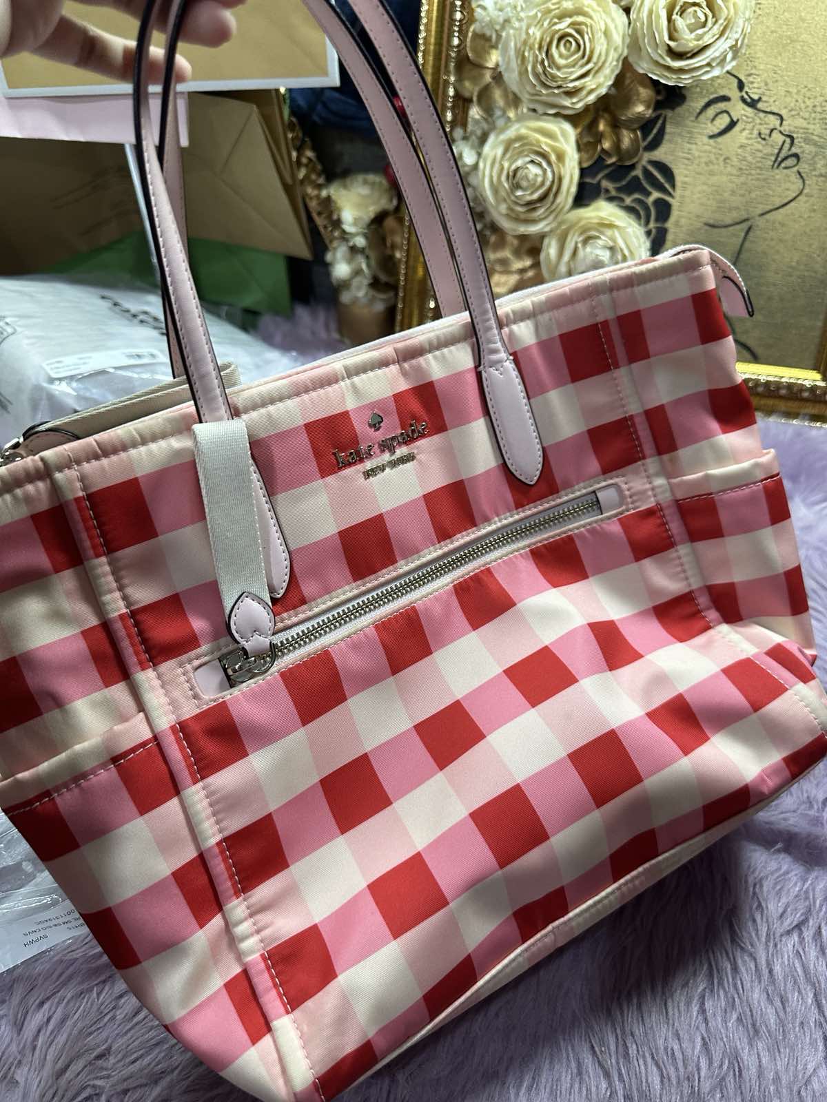 ORIG Preloved Kate Spade KS Chelsea Gingham Medium Satchel Nylon Pink Bag