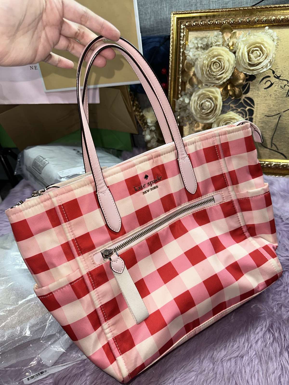 ORIG Preloved Kate Spade KS Chelsea Gingham Medium Satchel Nylon Pink Bag