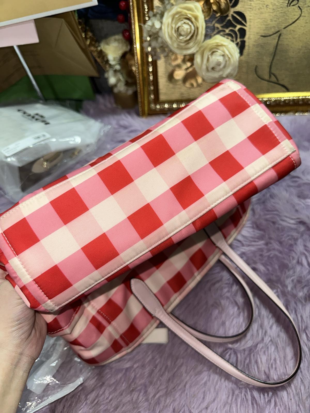 ORIG Preloved Kate Spade KS Chelsea Gingham Medium Satchel Nylon Pink Bag