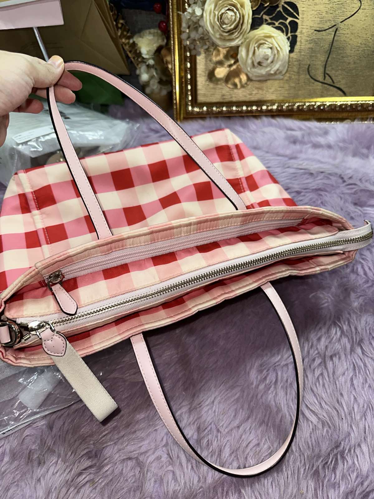 ORIG Preloved Kate Spade KS Chelsea Gingham Medium Satchel Nylon Pink Bag