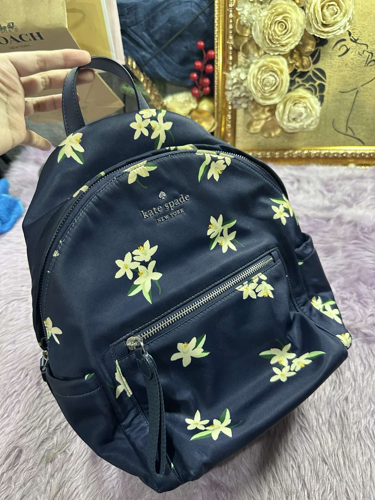 ORIG Preloved Kate Spade KS Chelsea Medium Backpack Nylon Floral Navy Blue Bag