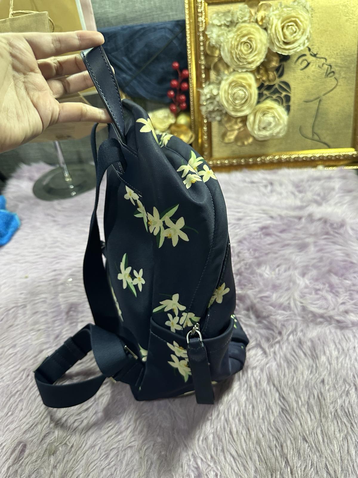 ORIG Preloved Kate Spade KS Chelsea Medium Backpack Nylon Floral Navy Blue Bag