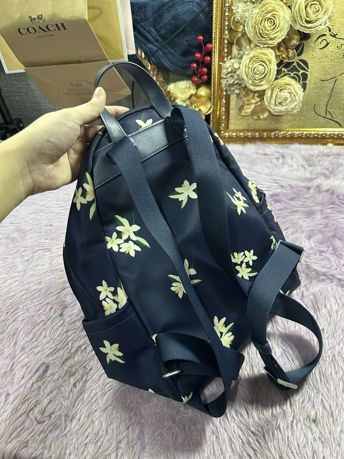 ORIG Preloved Kate Spade KS Chelsea Medium Backpack Nylon Floral Navy Blue Bag