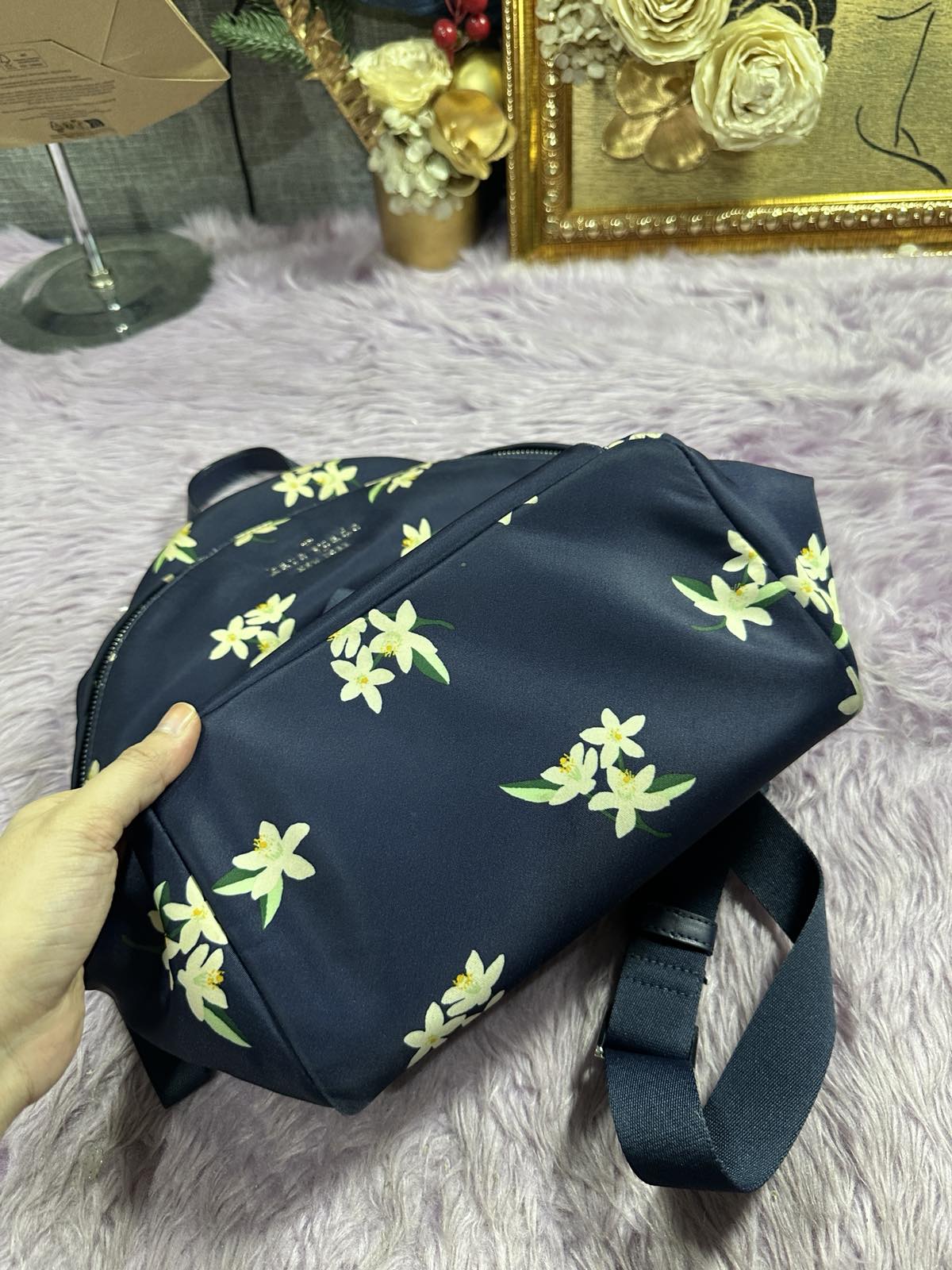 ORIG Preloved Kate Spade KS Chelsea Medium Backpack Nylon Floral Navy Blue Bag