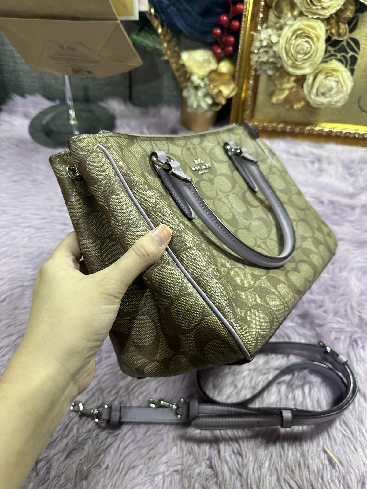 ORIG Preloved Coach Mini Surrey Carryall Khaki/Purple Bag