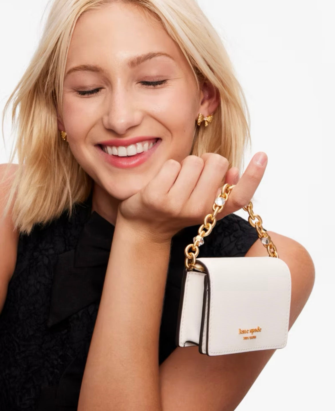 ORIG Preloved Kate Spade KS Morgan Embellished Chain Card Micro Bag White Wallet