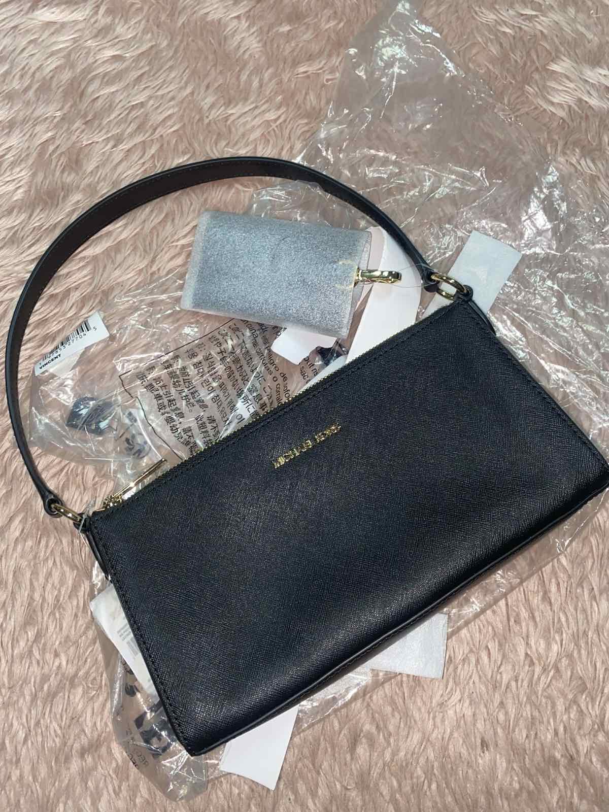 ORIG & IMPORTED Michael Kors MK Vincent Medium Saffiano Leather Pochette Shoulder Black Bag With Wallet