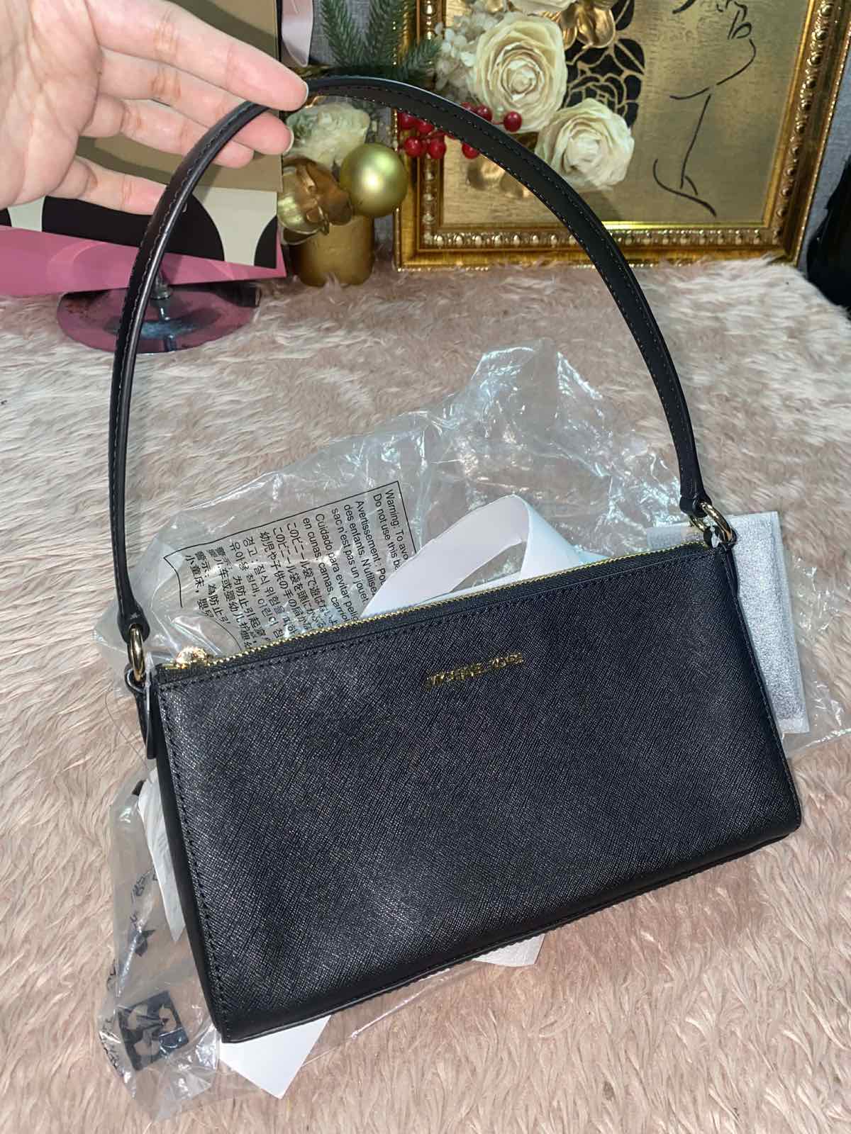 ORIG & IMPORTED Michael Kors MK Vincent Medium Saffiano Leather Pochette Shoulder Black Bag With Wallet