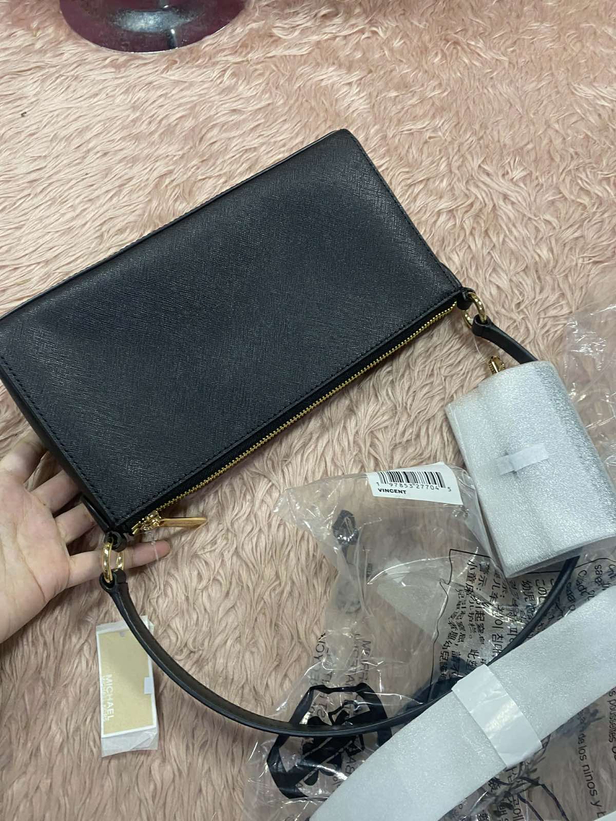 ORIG & IMPORTED Michael Kors MK Vincent Medium Saffiano Leather Pochette Shoulder Black Bag With Wallet