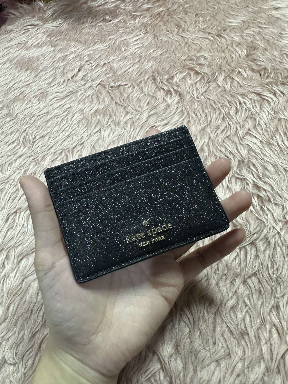 ORIG Preloved Kate Spade KS Glitter Slim Card Holder Small Black Wallet