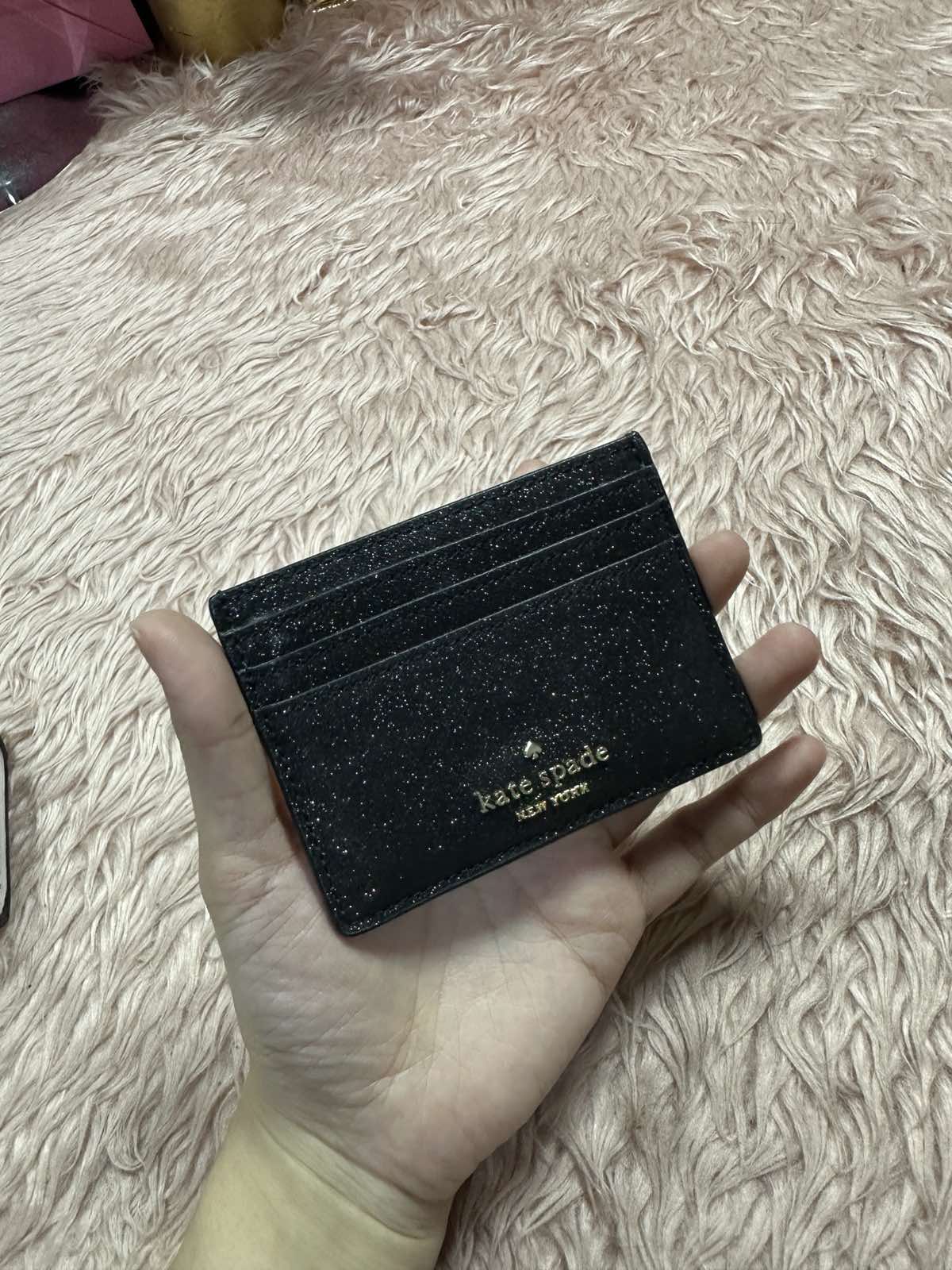 ORIG Preloved Kate Spade KS Glitter Slim Card Holder Small Black Wallet
