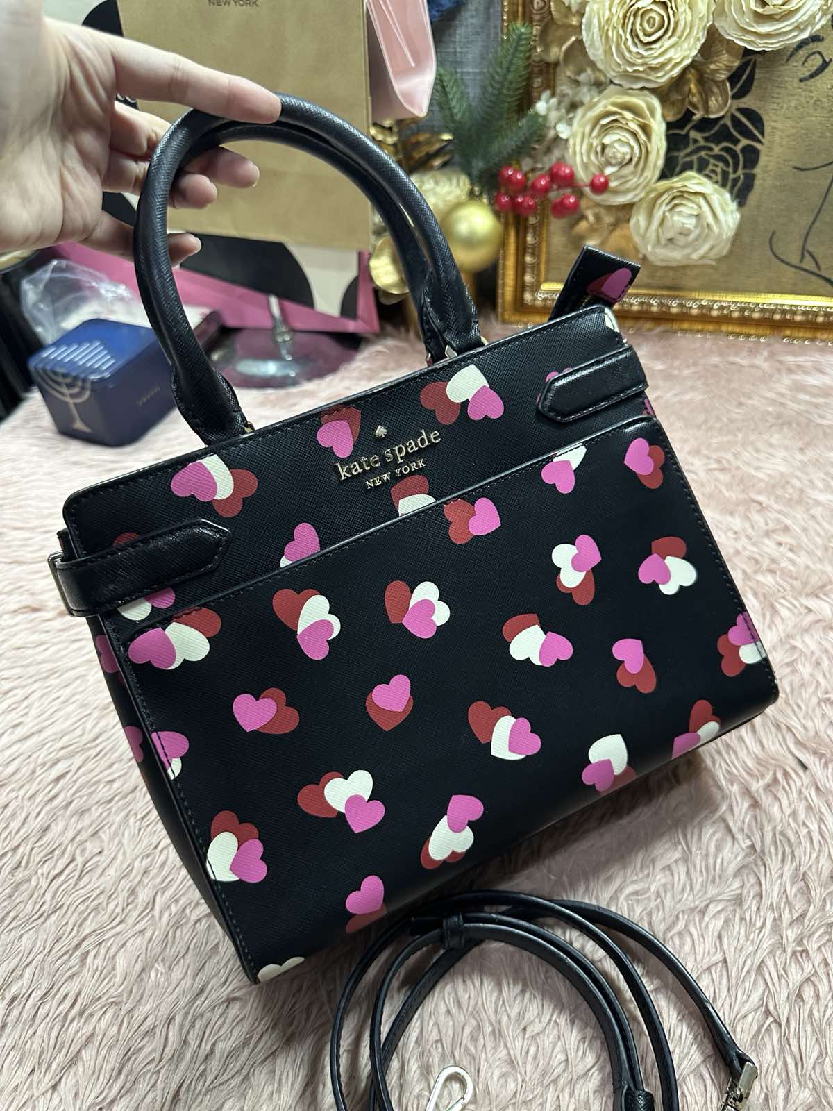 ORIG Preloved Kate Spade KS Staci Flutter Hearts Medium Satchel Black Bag