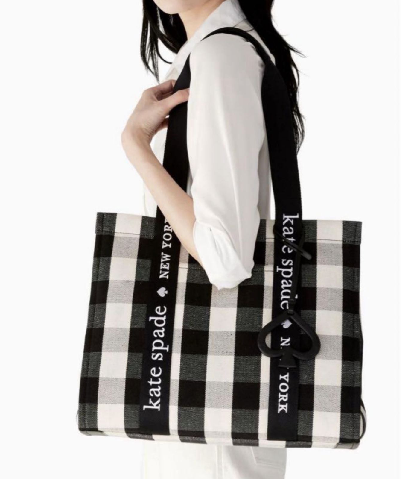 ORIG Preloved Kate Spade KS Kip Canvas Large Tote Bag Gingham Black/White