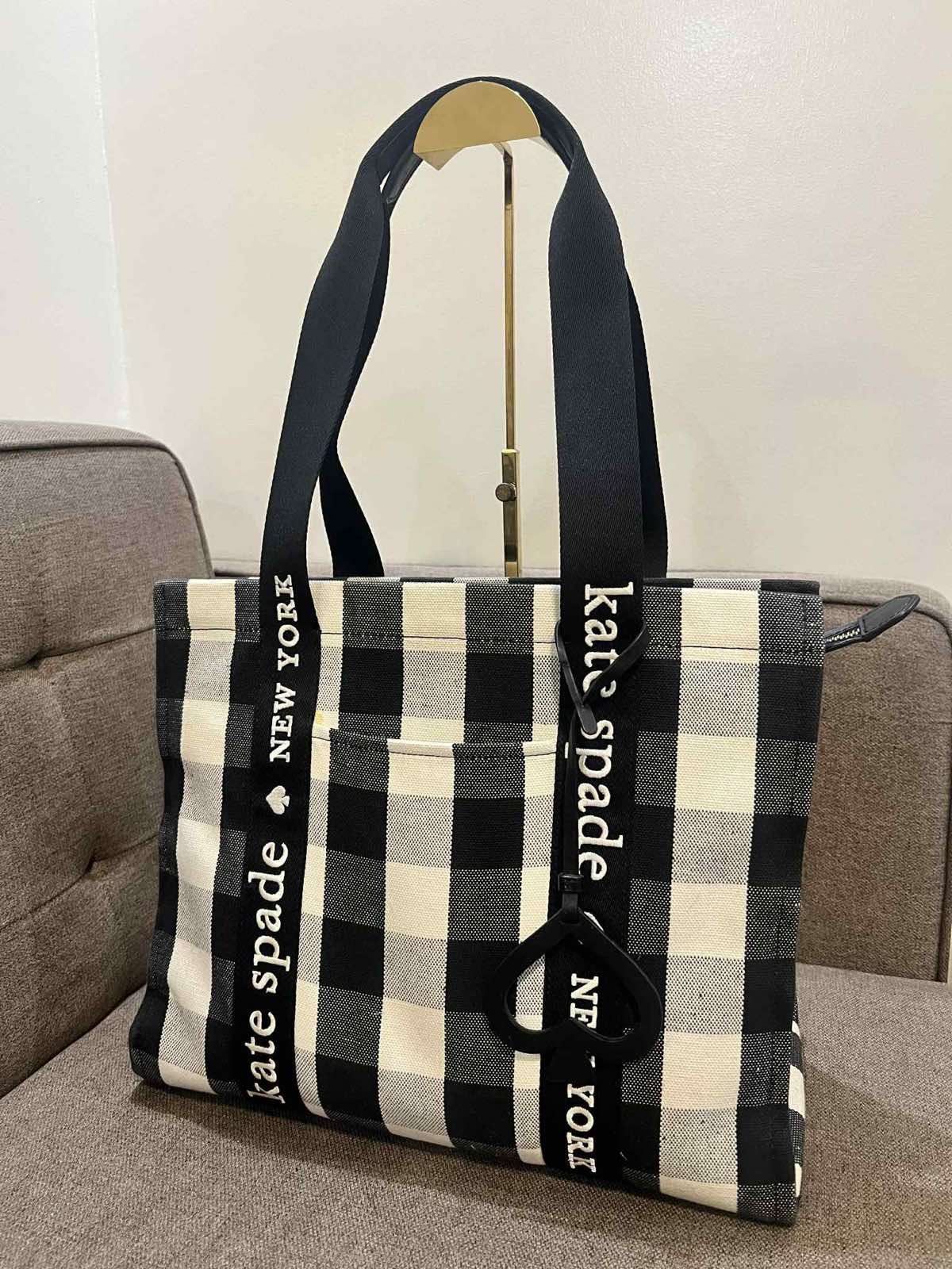 ORIG Preloved Kate Spade KS Kip Canvas Large Tote Bag Gingham Black/White