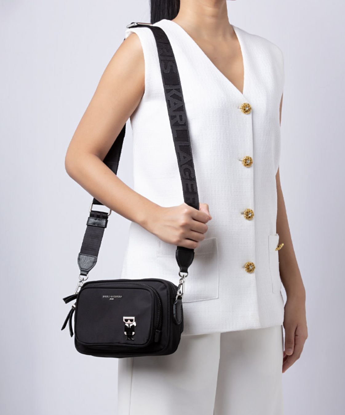 ORIG & IMPORTED Karl Lagerfeld KL Voyage Convertible Belt Nylon Bag Black