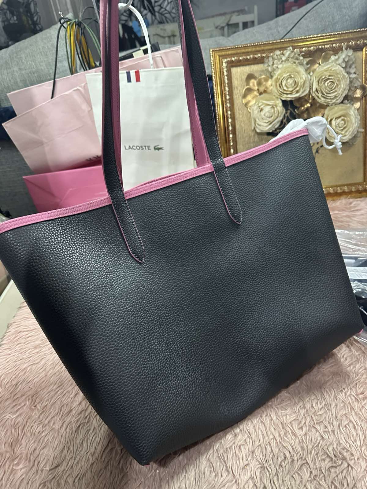ORIG Preloved Lacoste Anna Reversible Tote Pink/Black Bag with Pouch