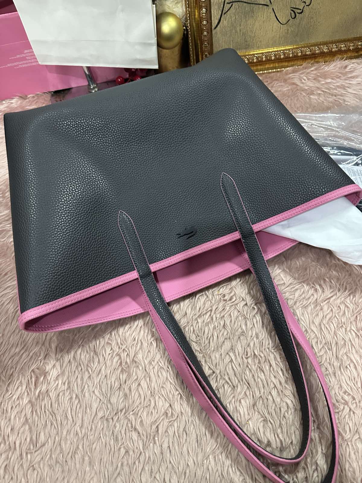 ORIG Preloved Lacoste Anna Reversible Tote Pink/Black Bag with Pouch