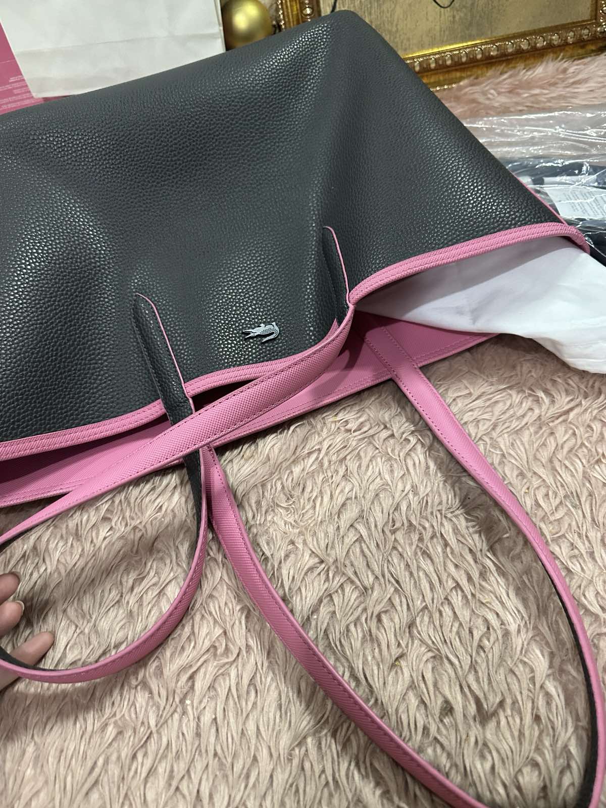 ORIG Preloved Lacoste Anna Reversible Tote Pink/Black Bag with Pouch