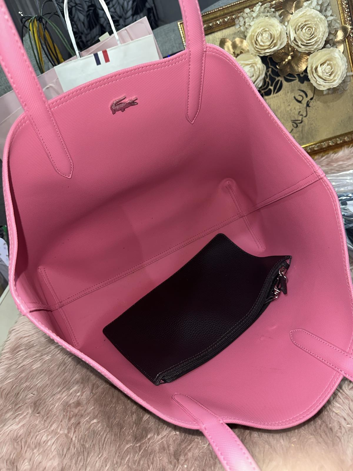 ORIG Preloved Lacoste Anna Reversible Tote Pink/Black Bag with Pouch