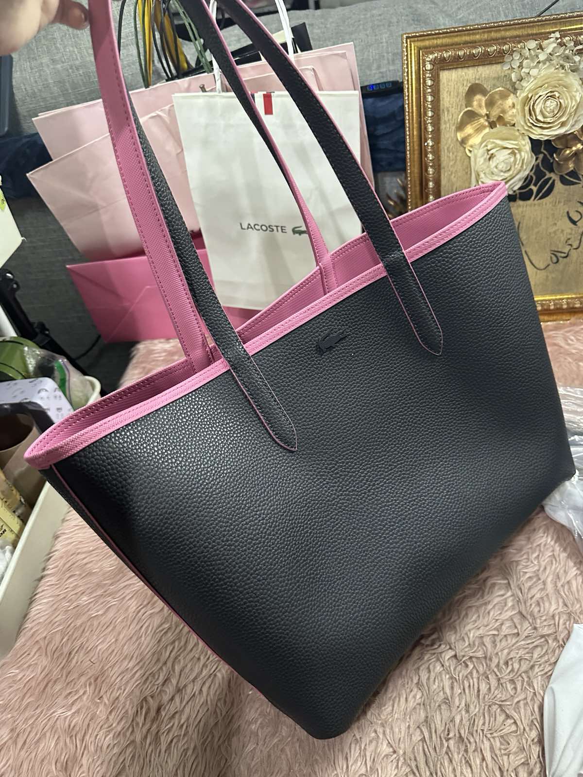 ORIG Preloved Lacoste Anna Reversible Tote Pink/Black Bag with Pouch