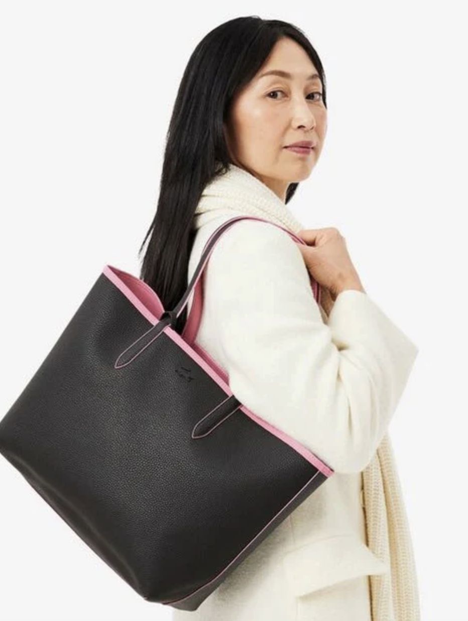 ORIG Preloved Lacoste Anna Reversible Tote Pink/Black Bag with Pouch