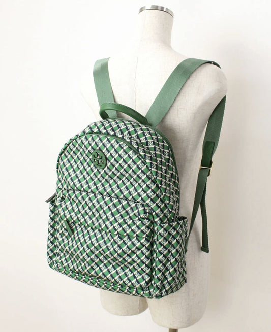 ORIG Preloved RARE Tory Burch TB Ella Nylon Medium Backpack in a Green Geometric Print