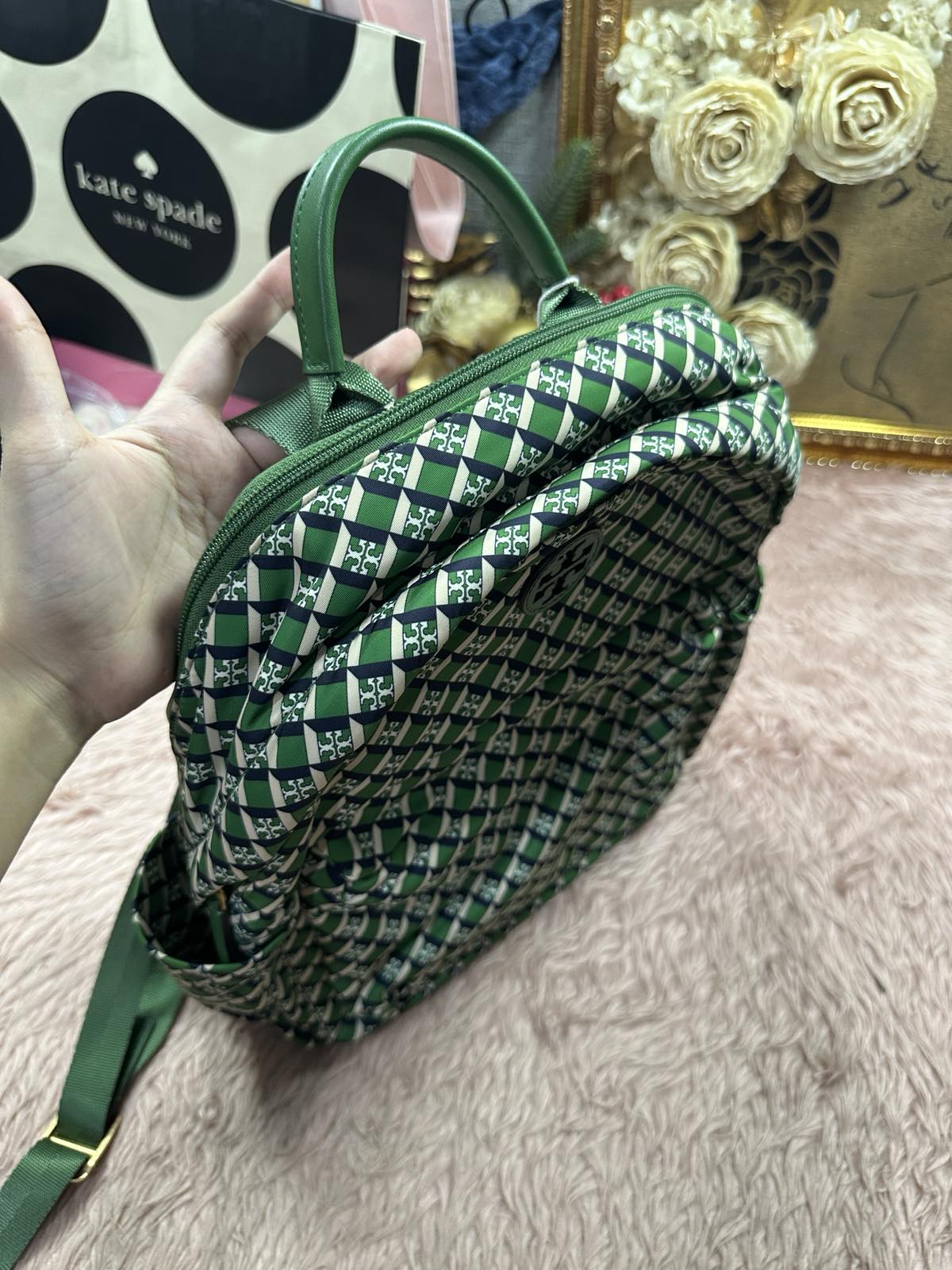 ORIG Preloved RARE Tory Burch TB Ella Nylon Medium Backpack in a Green Geometric Print