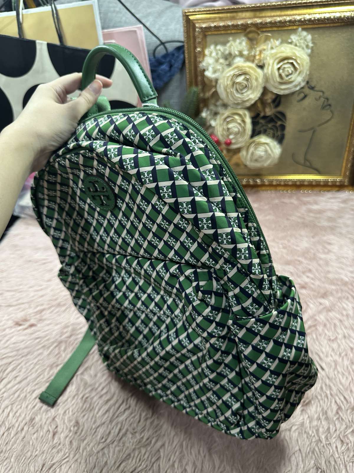 ORIG Preloved RARE Tory Burch TB Ella Nylon Medium Backpack in a Green Geometric Print