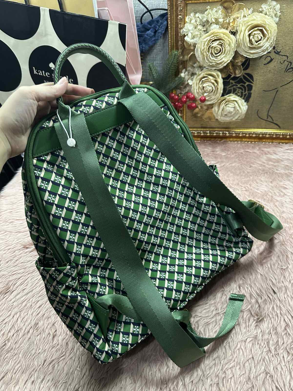 ORIG Preloved RARE Tory Burch TB Ella Nylon Medium Backpack in a Green Geometric Print