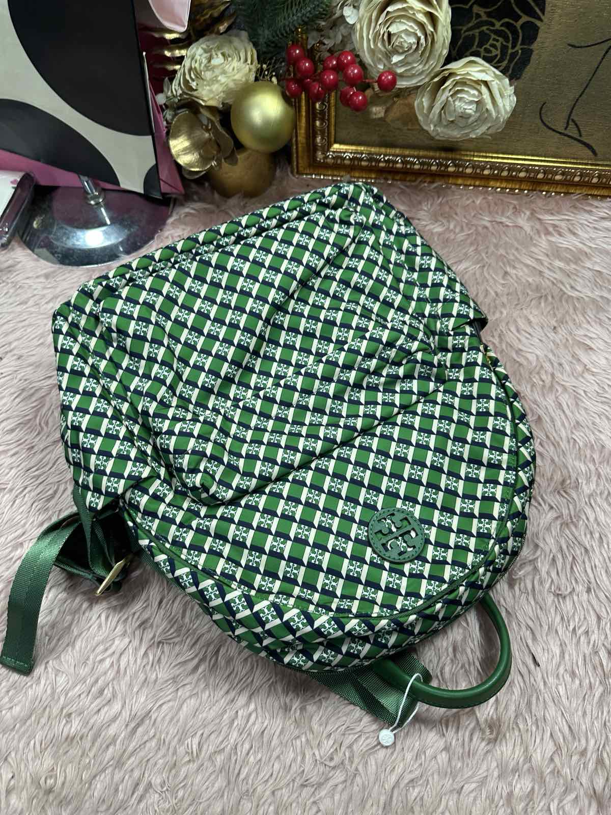 ORIG Preloved RARE Tory Burch TB Ella Nylon Medium Backpack in a Green Geometric Print