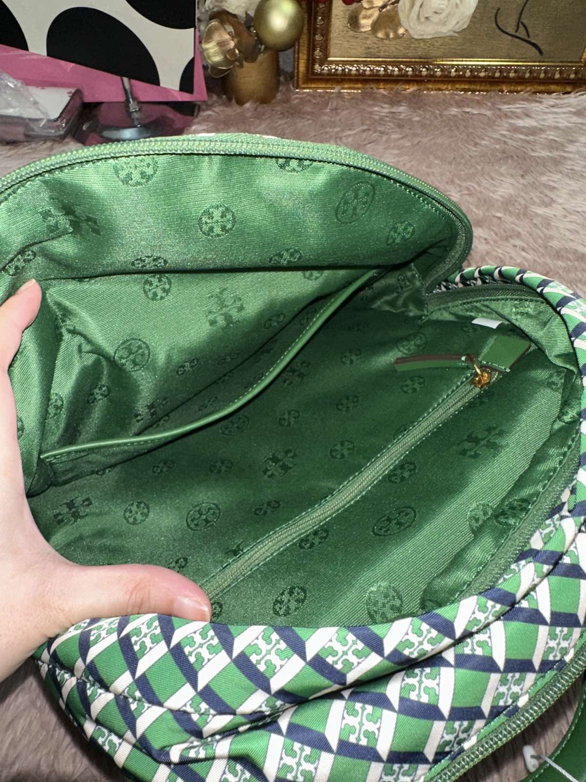 ORIG Preloved RARE Tory Burch TB Ella Nylon Medium Backpack in a Green Geometric Print
