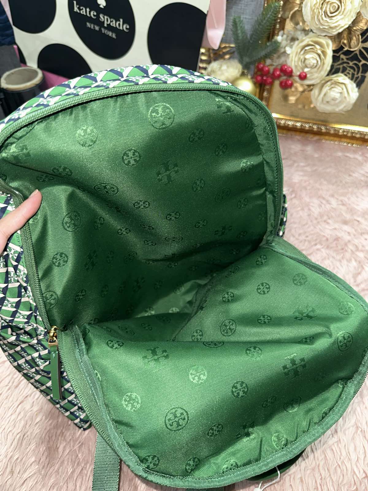ORIG Preloved RARE Tory Burch TB Ella Nylon Medium Backpack in a Green Geometric Print