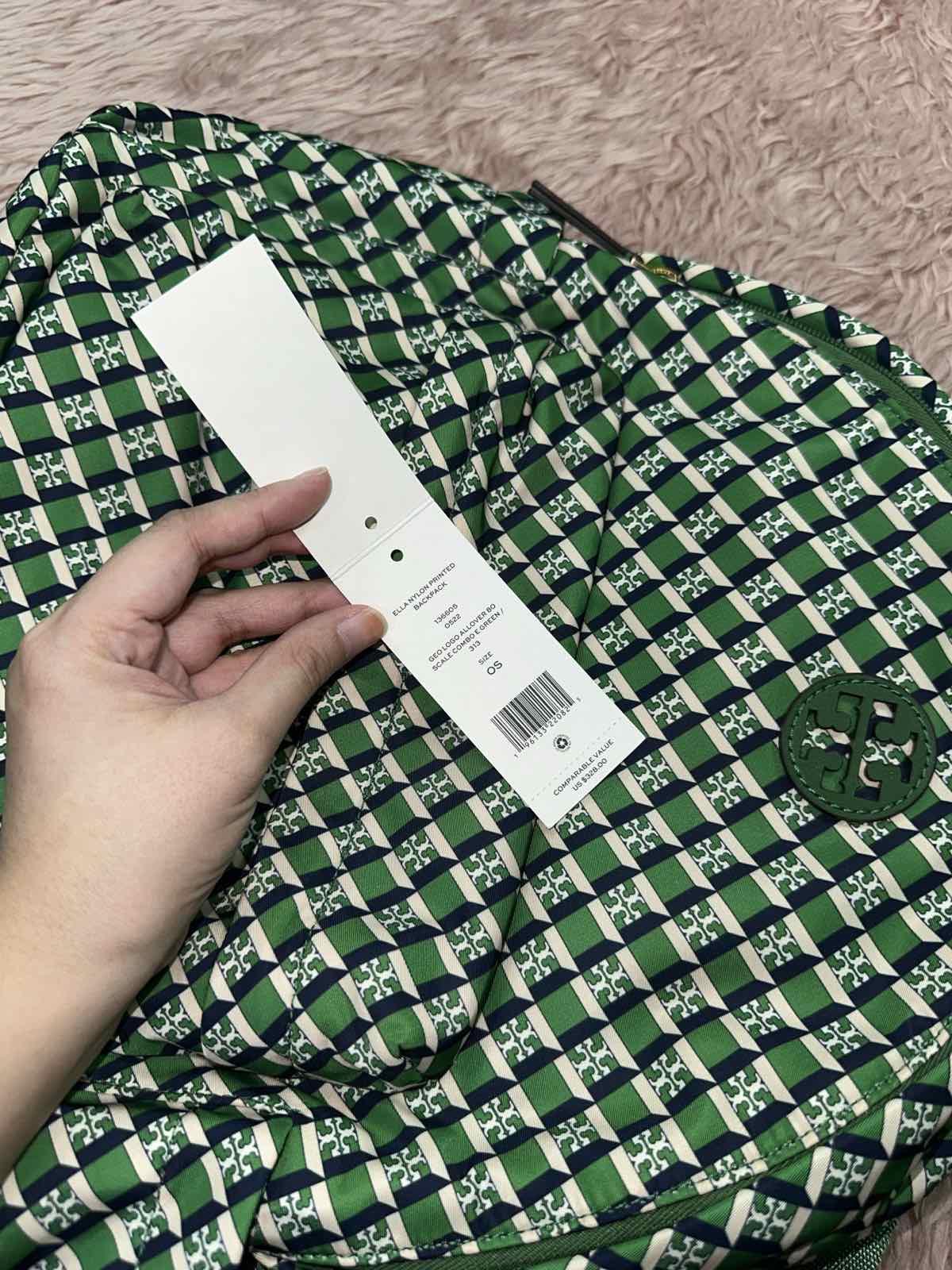 ORIG Preloved RARE Tory Burch TB Ella Nylon Medium Backpack in a Green Geometric Print