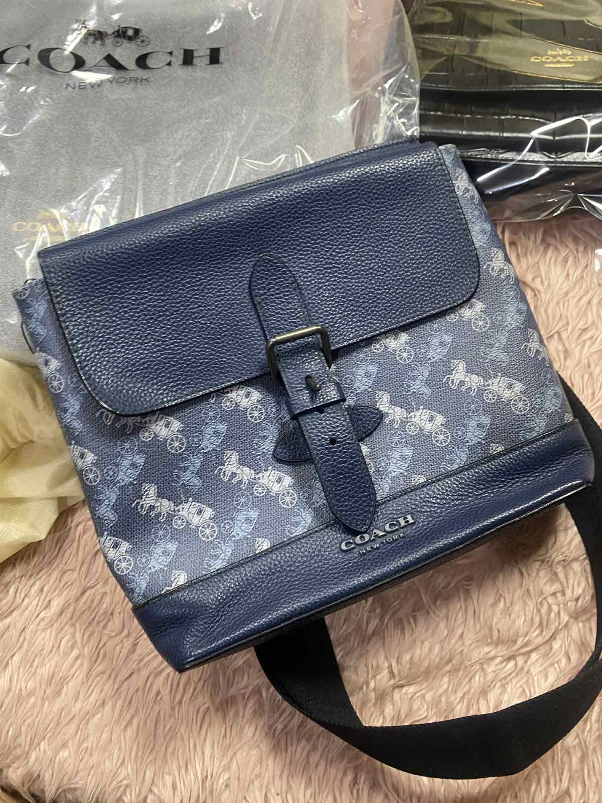 ORIG Preloved Coach Hudson Men Crossbody Blue Bag with horse print